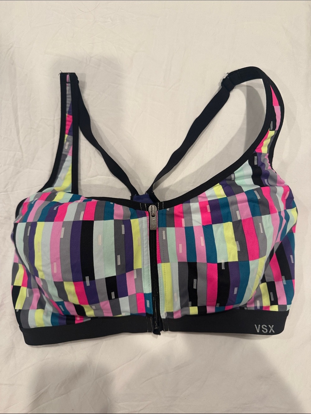 VSX Multicolor Stripe Front-Zip Sports Bra - Pink, Blue, Black, Yellow